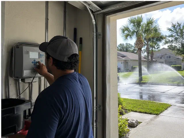 Technician running a sprinkler zone from a garage wall controller at an ordinary Central Florida home