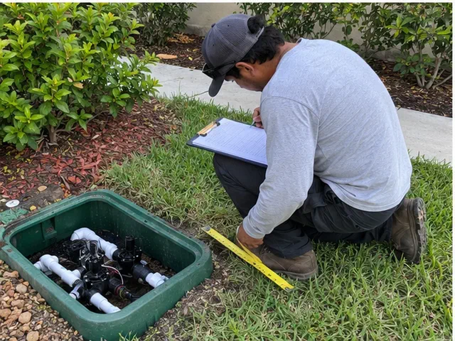 Technician kneeling beside an open green irrigation valve box while checking a handwritten zone map