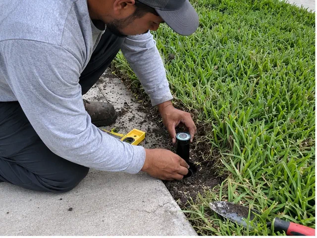 Technician leveling a black pop-up sprinkler head beside a concrete walkway