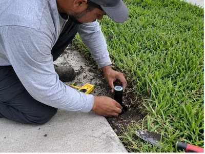 Technician leveling a black pop-up sprinkler head beside a concrete walkway
