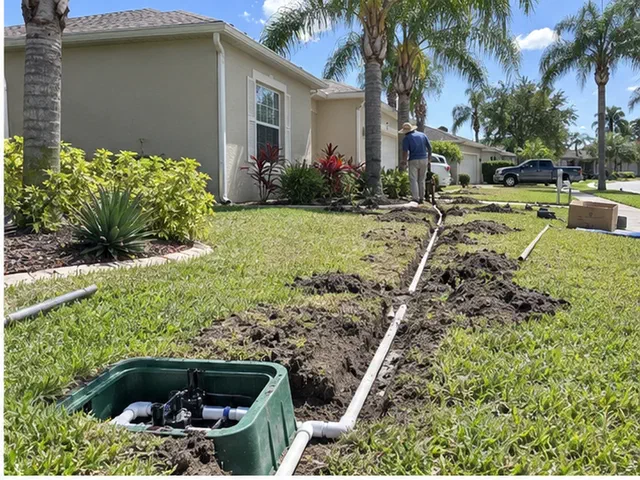 New white irrigation lines and valve box being installed across an ordinary Central Florida front yard