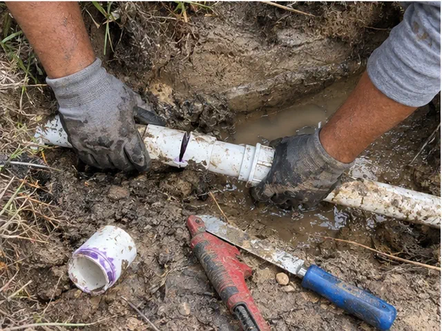 Gloved hands repairing cracked white irrigation pipe exposed in wet sandy soil