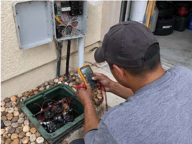 Technician testing valve wiring with a multimeter beside an open irrigation controller